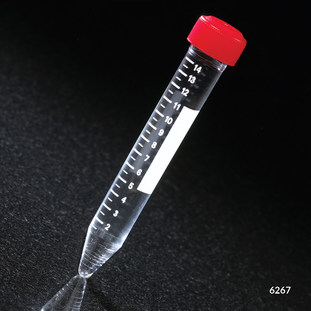 Globe Scientific Centrifuge Tube, 15mL, Attached Red Screw Cap, Acrylic, Printed Graduations, STERILE, 25/Bag, 20 Bags/Unit Image